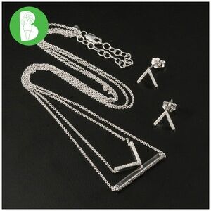 STERLING SILVER 925 & GENUINE ROUND DIAMONDS EARRINGS & DOUBLE BAR NECKLACE SET